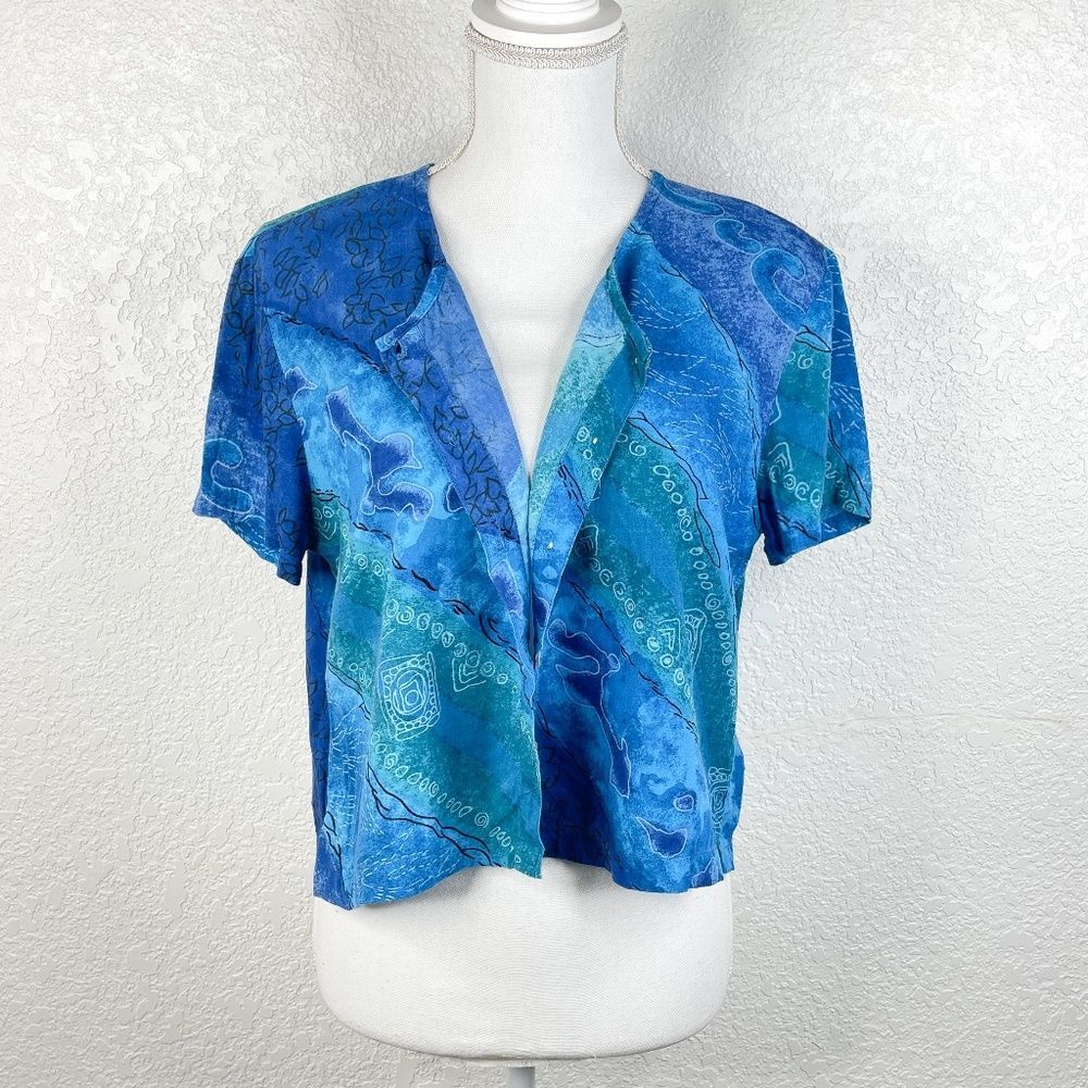 Peppermint Bay Blue Green Nautical Button-up Short Sleeve Cropped Top Size Small